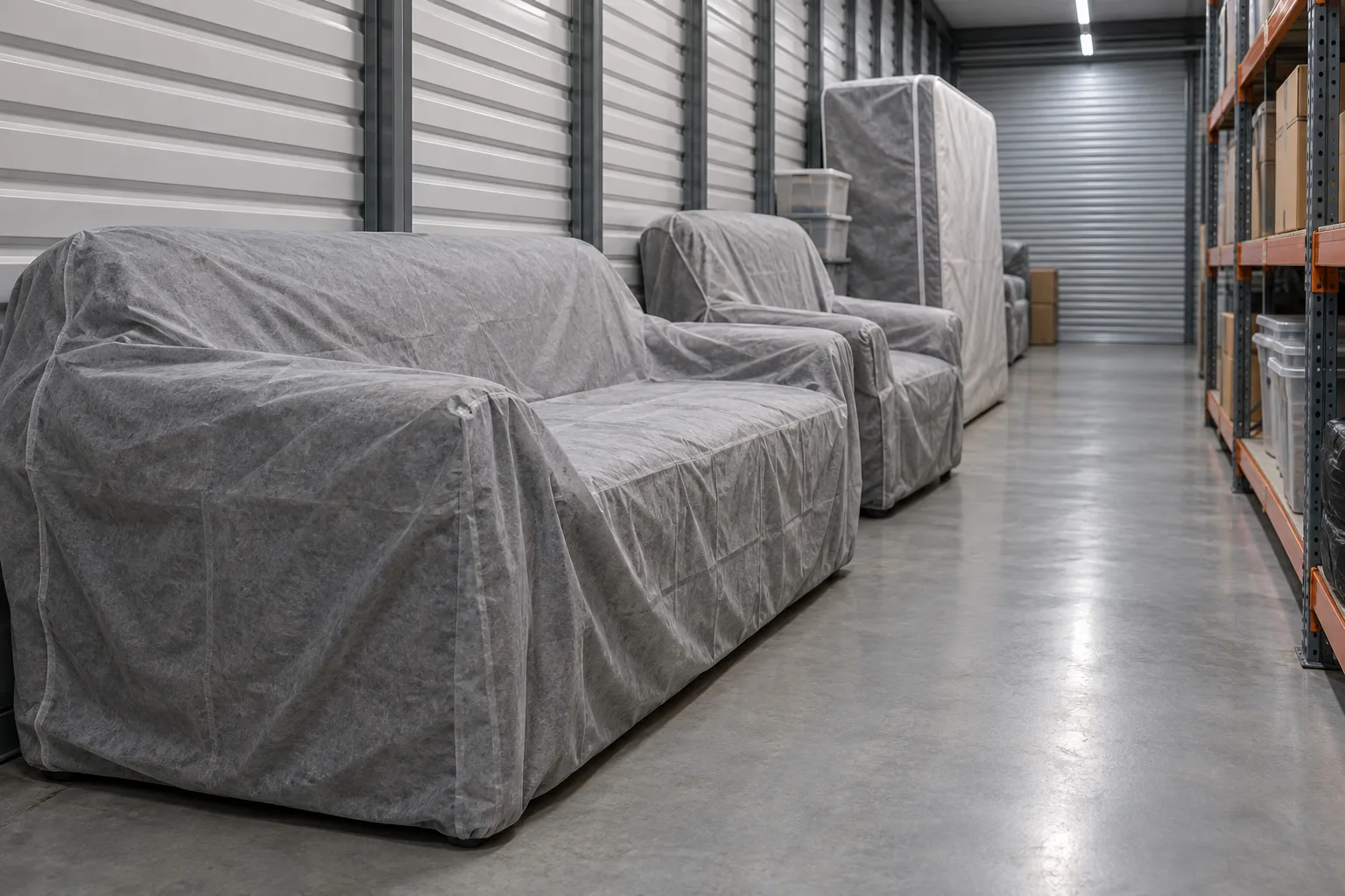 Illustrative wrapped sofa and armchairs under breathable covers in a dry storage aisle beside a mattress bag