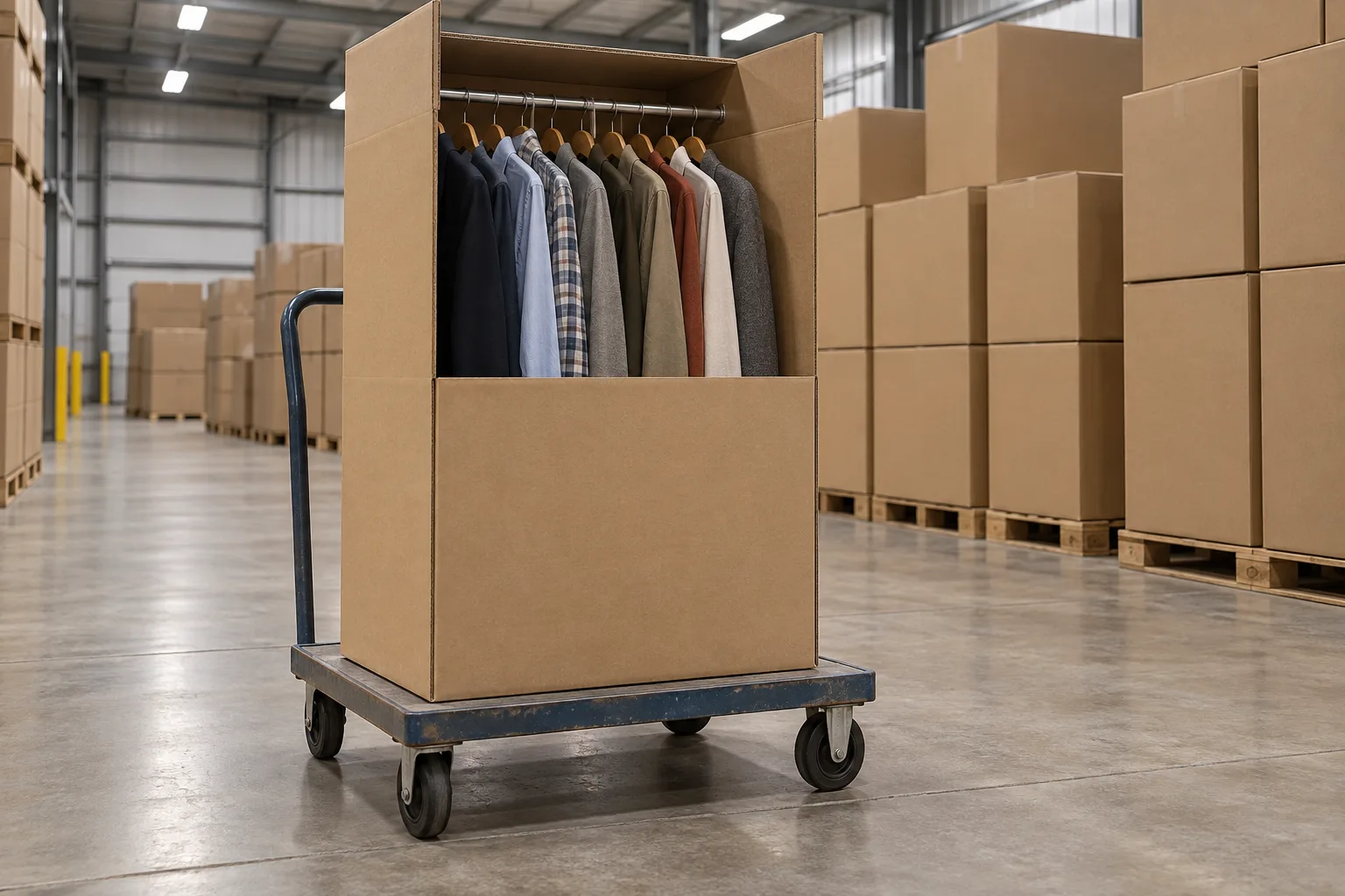 Illustrative hanging wardrobe carton of clothes on a flat trolley in a storage bay between stacked cartons