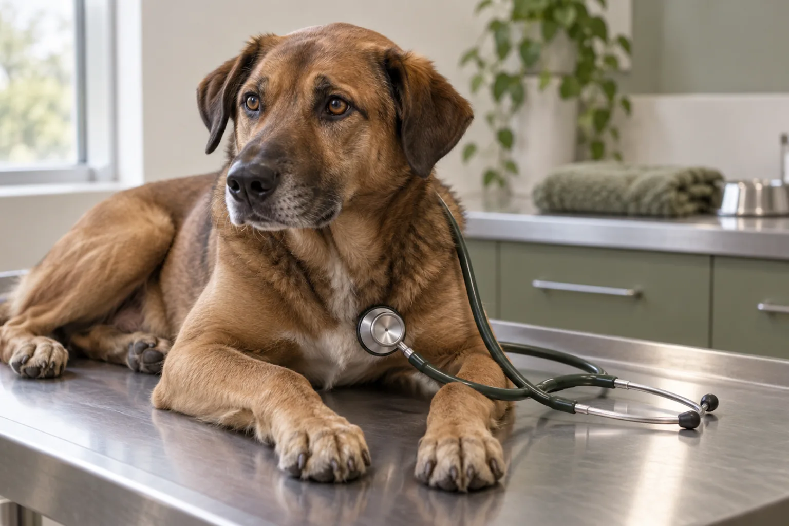 Illustrative veterinary consultation: a dog lying on a stainless examination table with a stethoscope resting on its chest