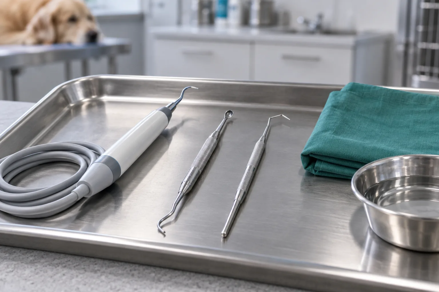 Illustrative dental instruments laid out on a stainless tray beside a folded green cloth in a clinic