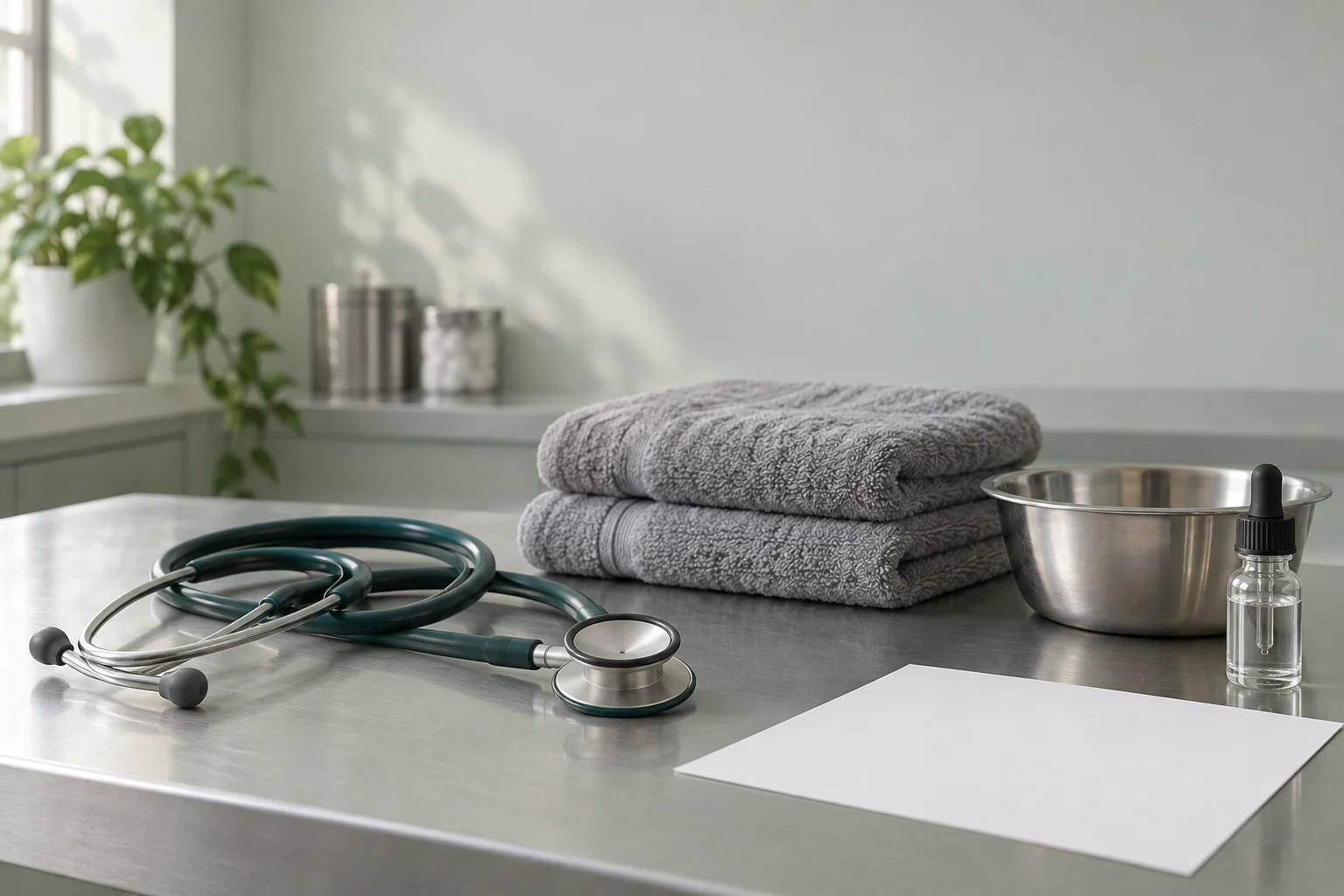 Illustrative veterinary consult room detail: a stethoscope, folded towels and a steel bowl on a pale counter