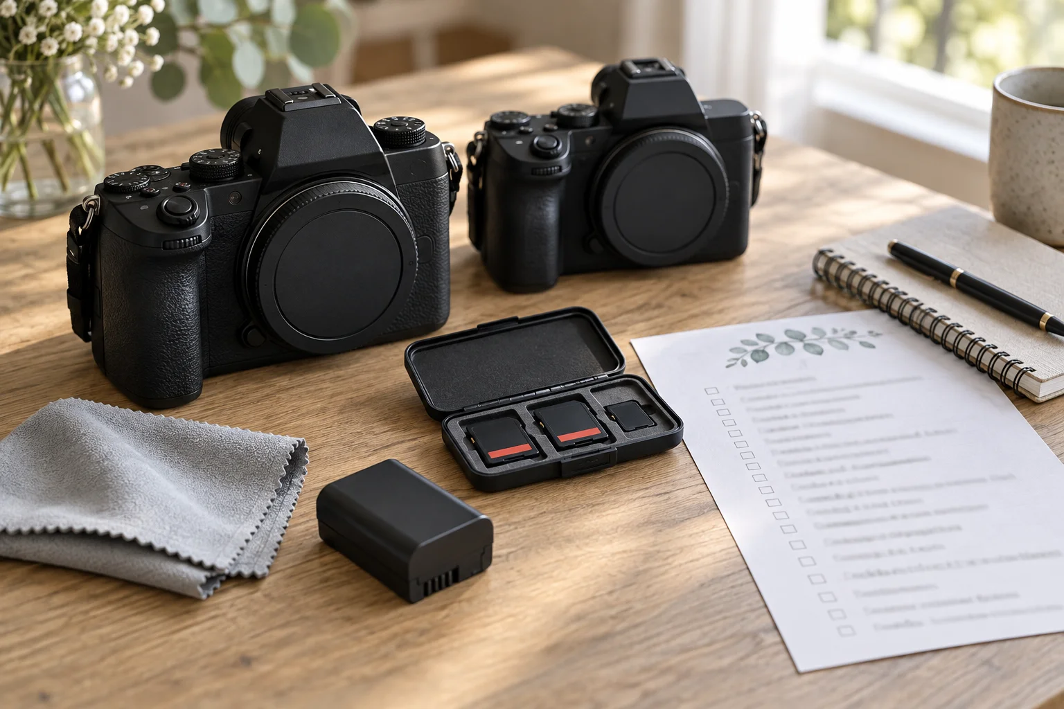 Illustrative two camera bodies, batteries and a printed shot list on a table