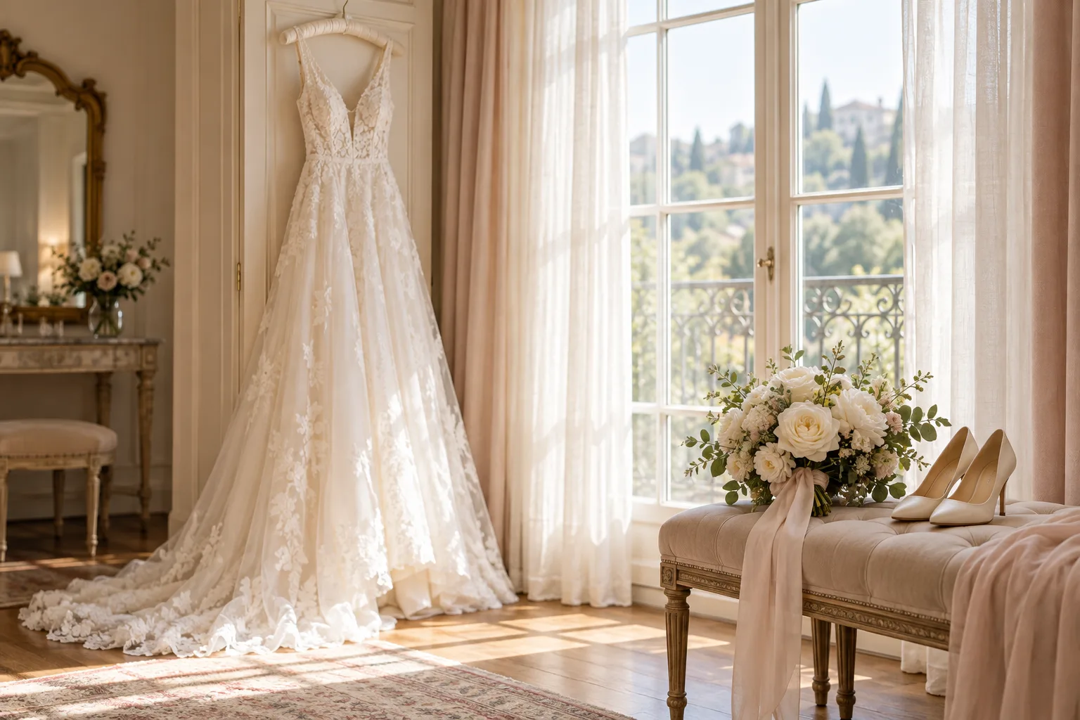 Illustrative getting-ready room with an ivory gown on a padded hanger, a bouquet and ivory heels
