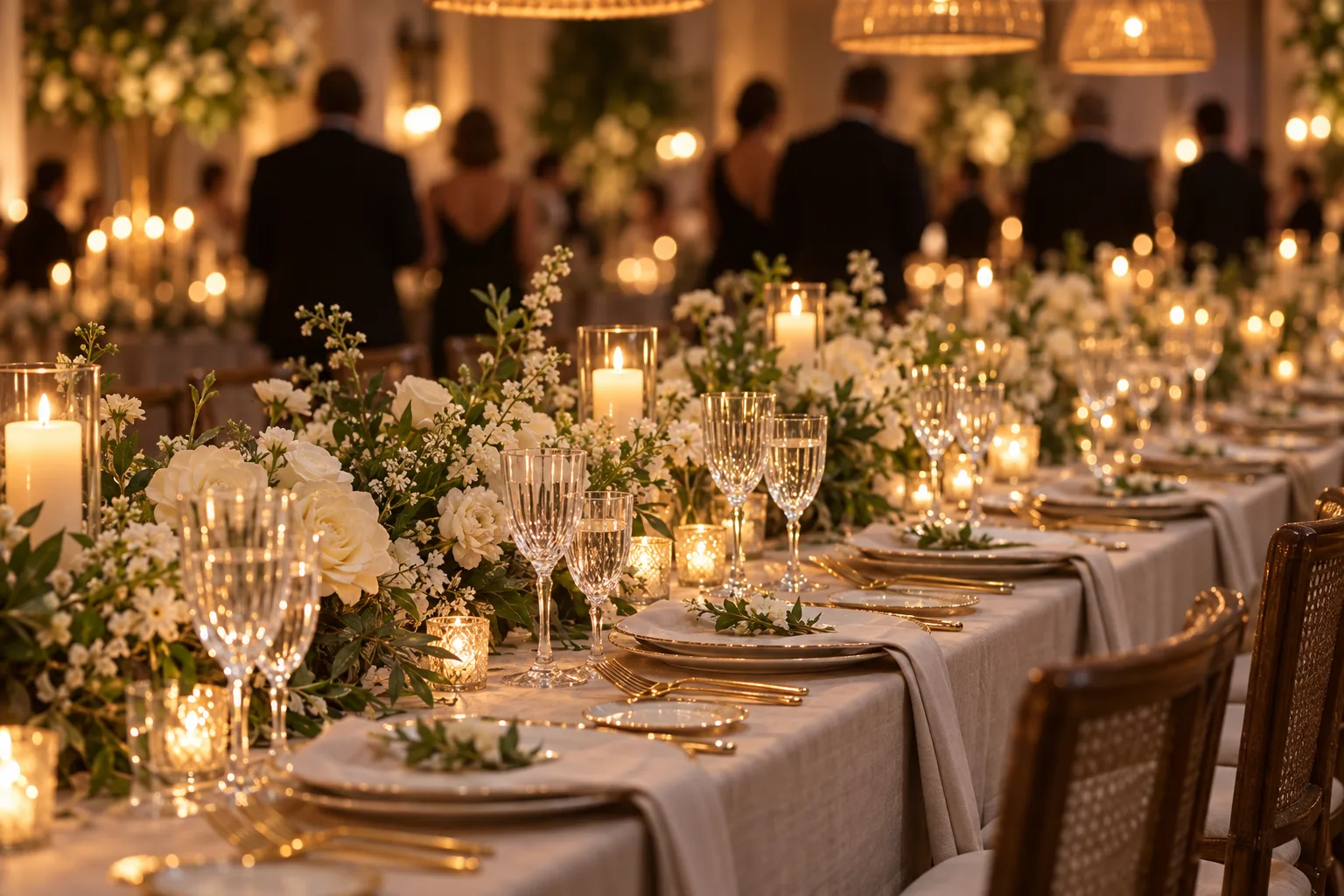 Illustrative seated celebration dinner: a long table laid with linen, glassware and candles under warm light