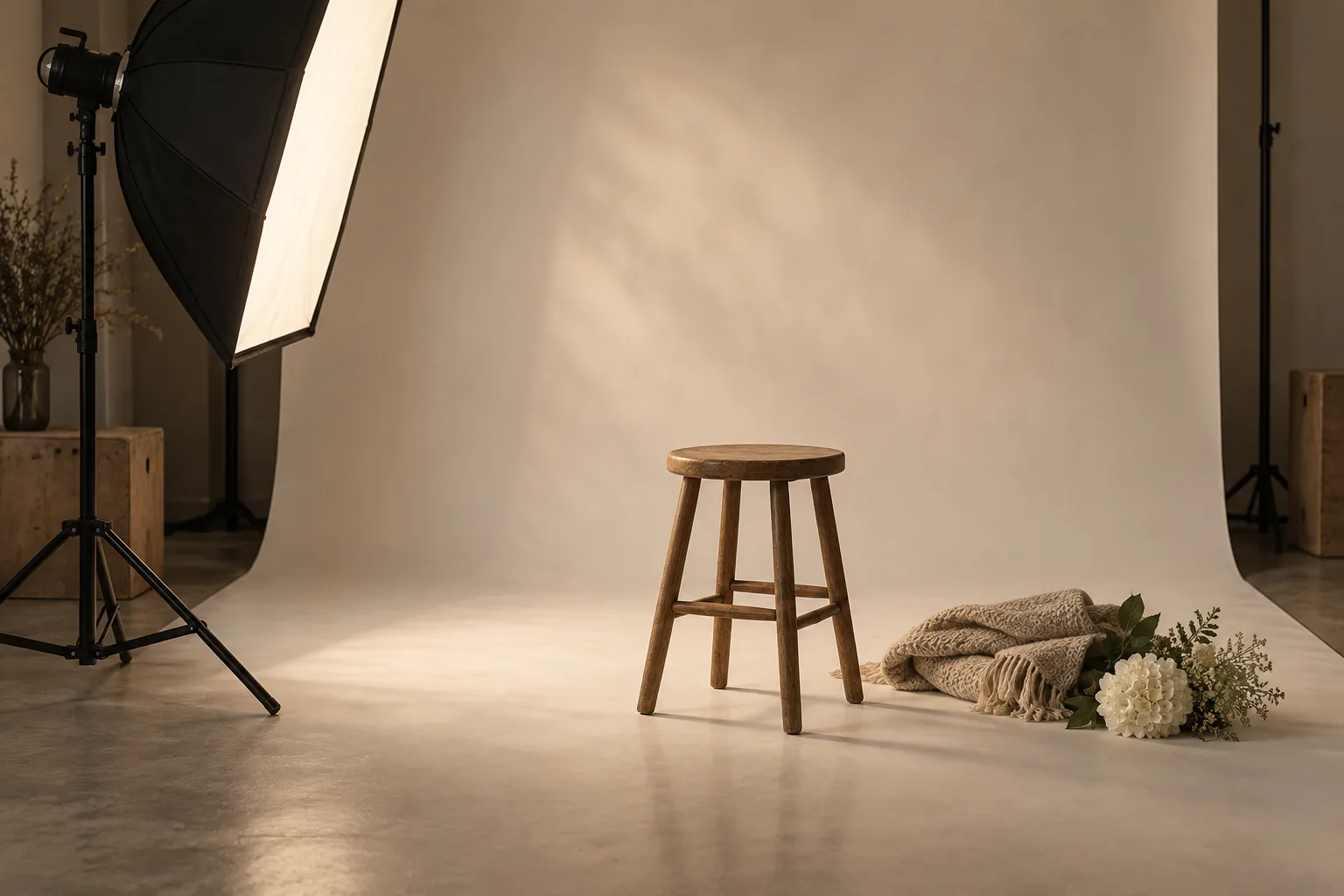 Illustrative portrait studio set with a seamless backdrop, a posing stool and a softbox