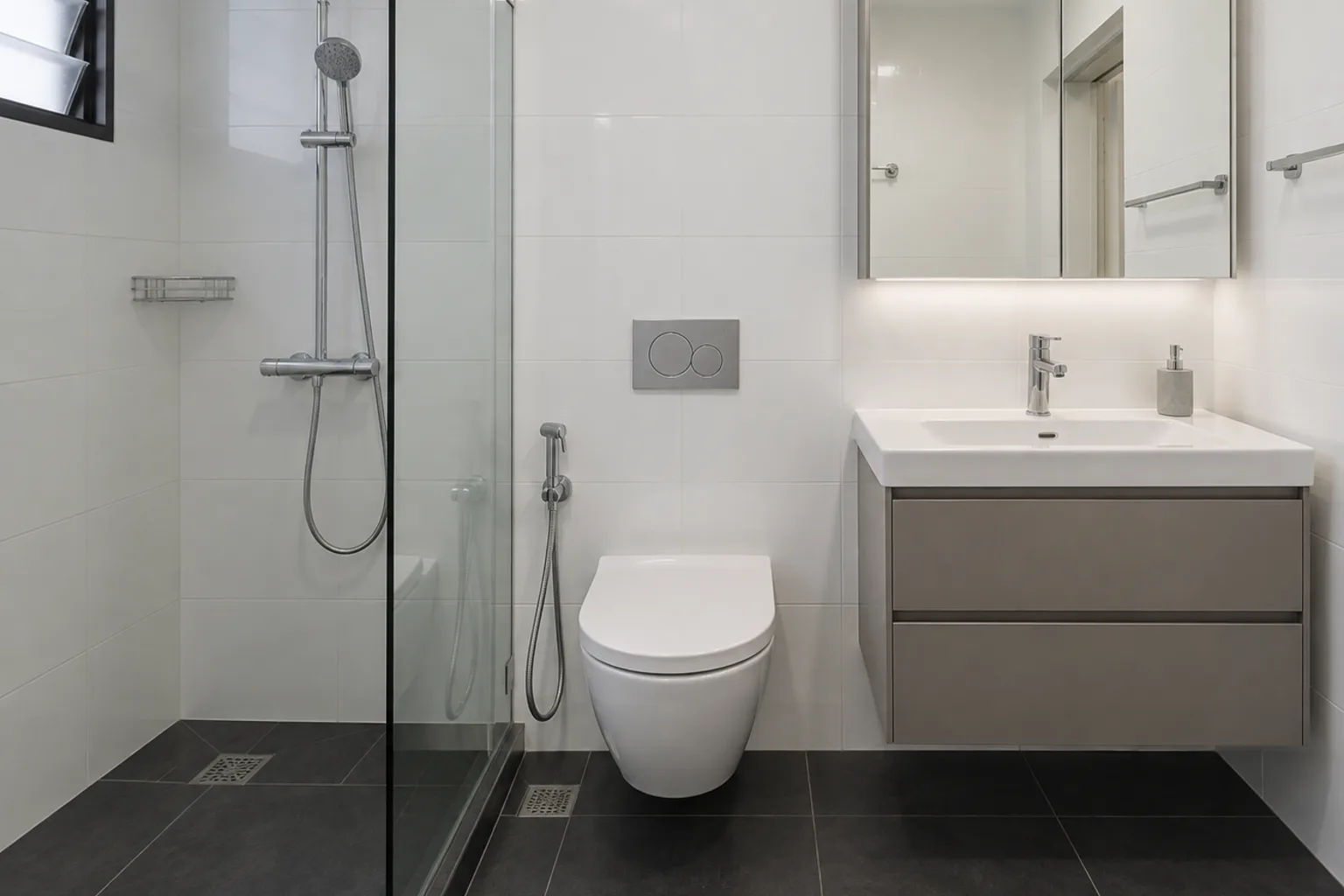 Illustrative completed bathroom with white wall tiles, a charcoal floor, a glass screen and a wall-hung basin