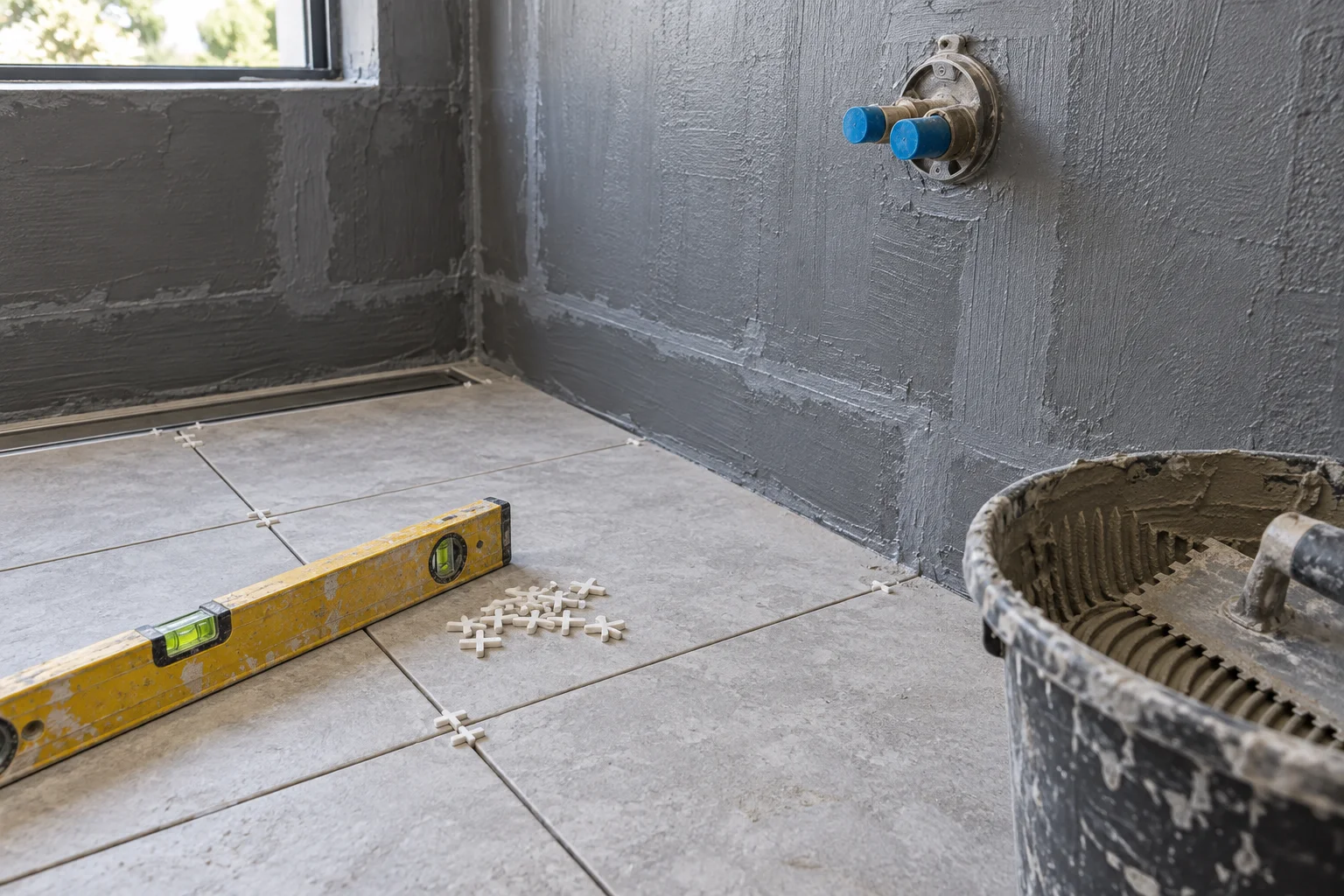 Illustrative wet works in progress: grey waterproofing membrane meeting new floor tiles