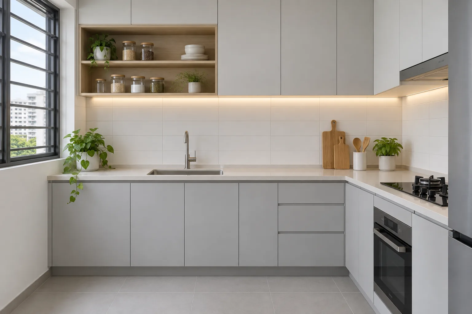 Illustrative completed kitchen with grey handleless cabinets, a quartz worktop and a tiled splashback
