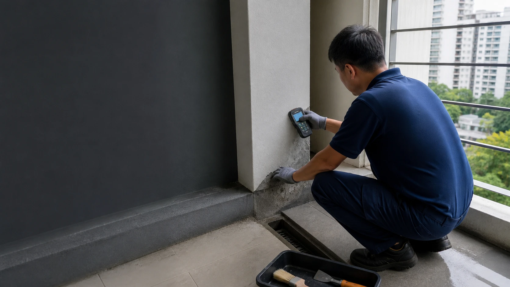 Illustration of a technician checking moisture beside a window