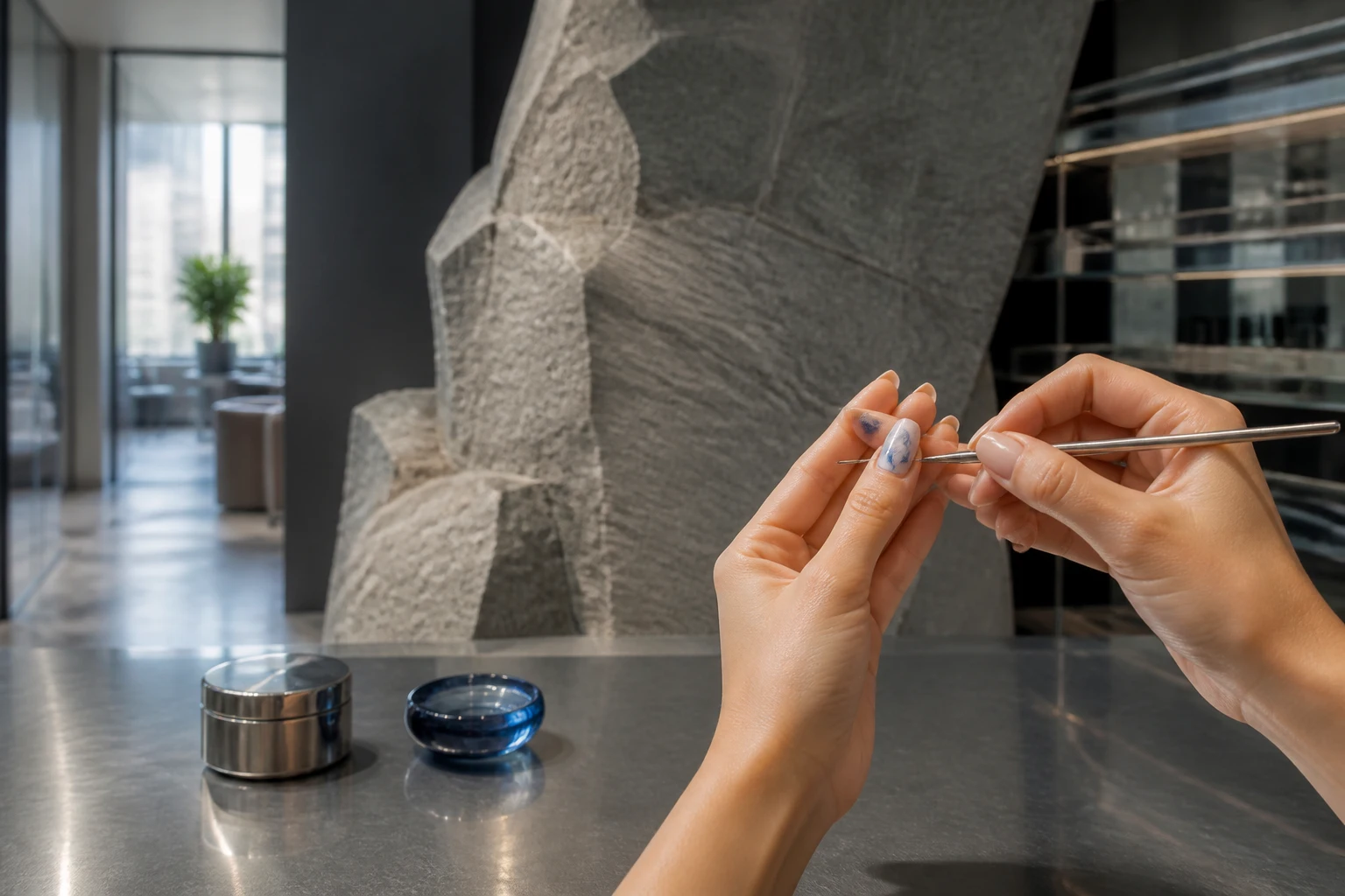 Illustrative precision nail work in a salon setting