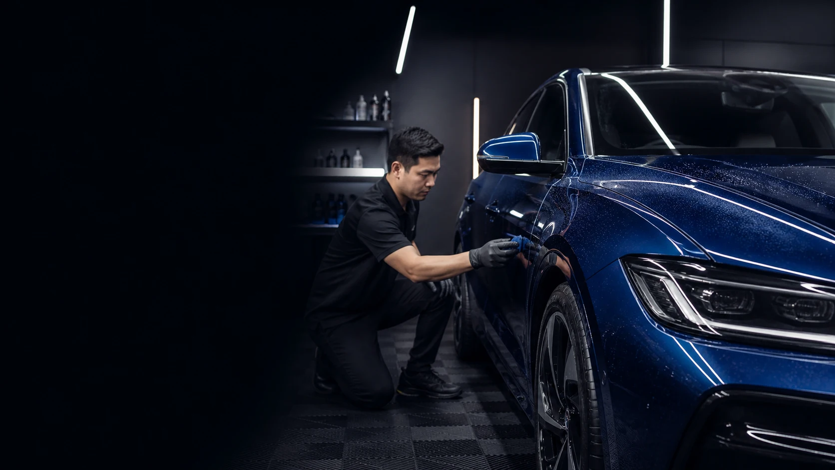 Illustrative visual of a blue car receiving paint care