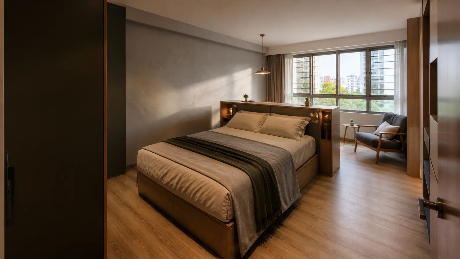 Bedroom inspiration showing a compact room with timber storage, natural light and an integrated bedhead