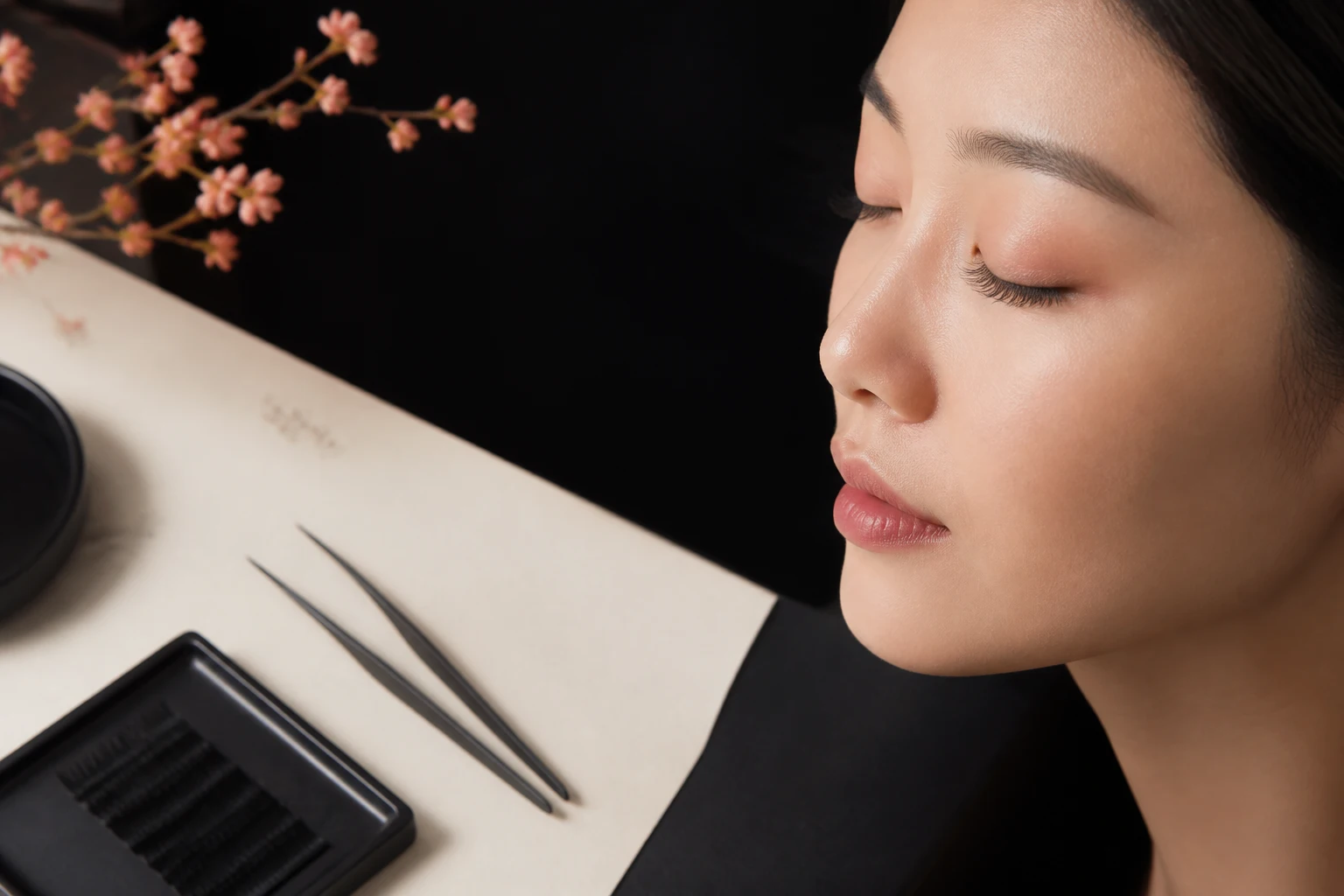 Illustrative lash styling close-up with precision tools