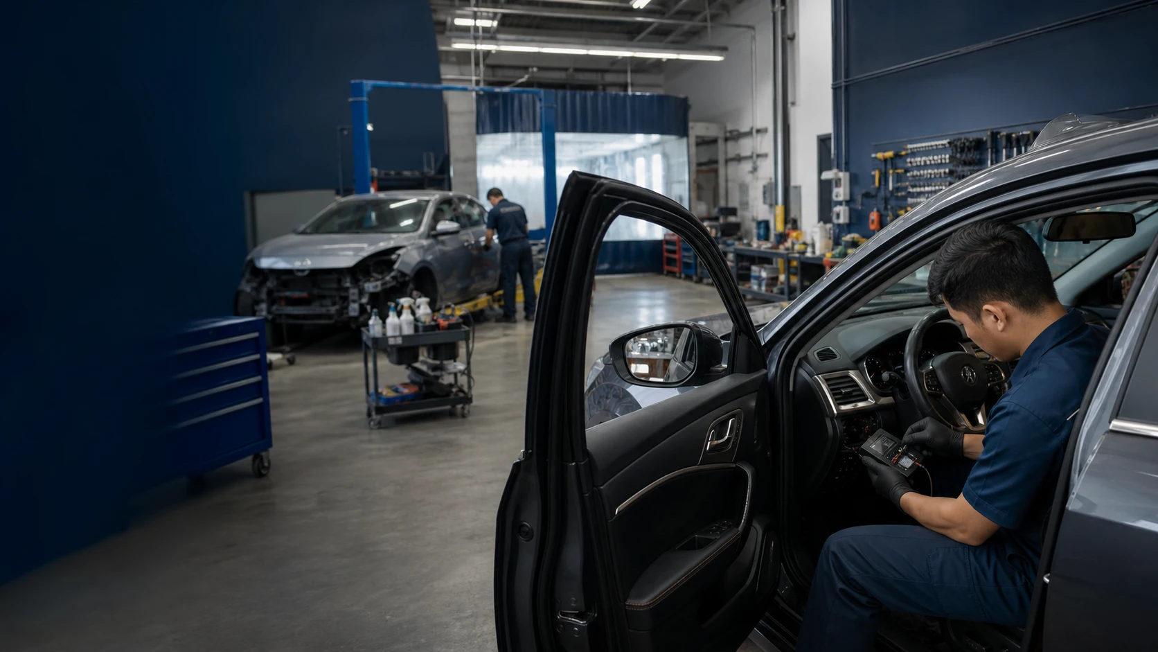 Illustrative workshop scene showing an in-car diagnostic check