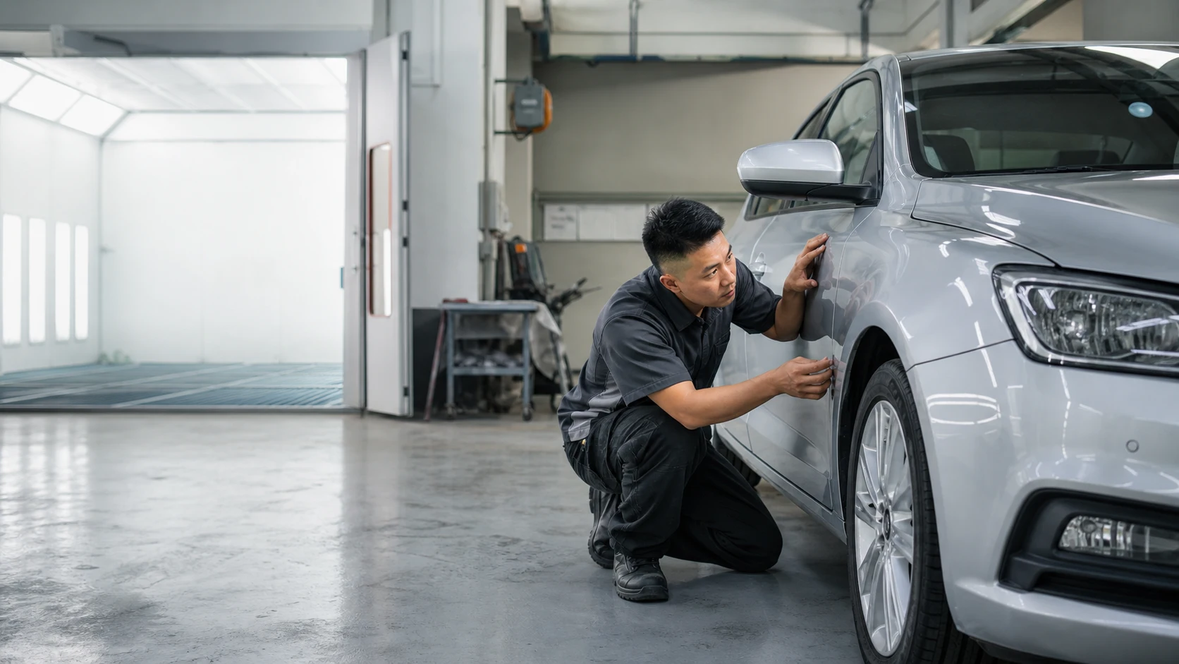 Illustration of a technician examining the finish and condition of a car panel