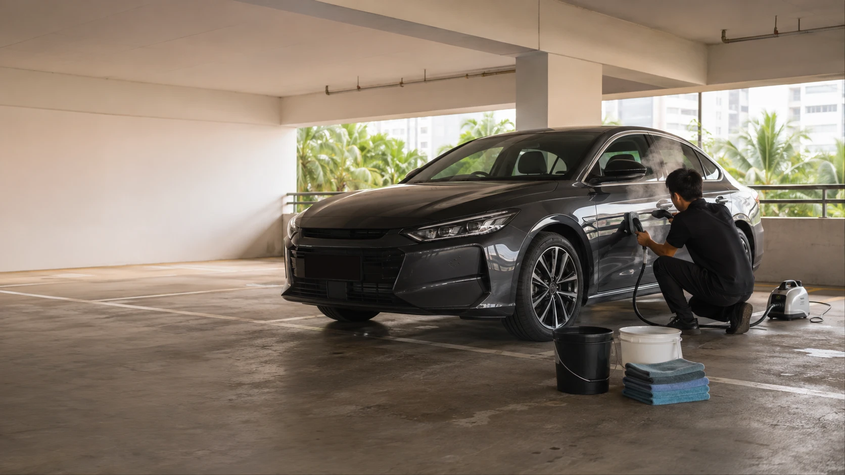 Concept visual of mobile detailing at a Singapore carpark