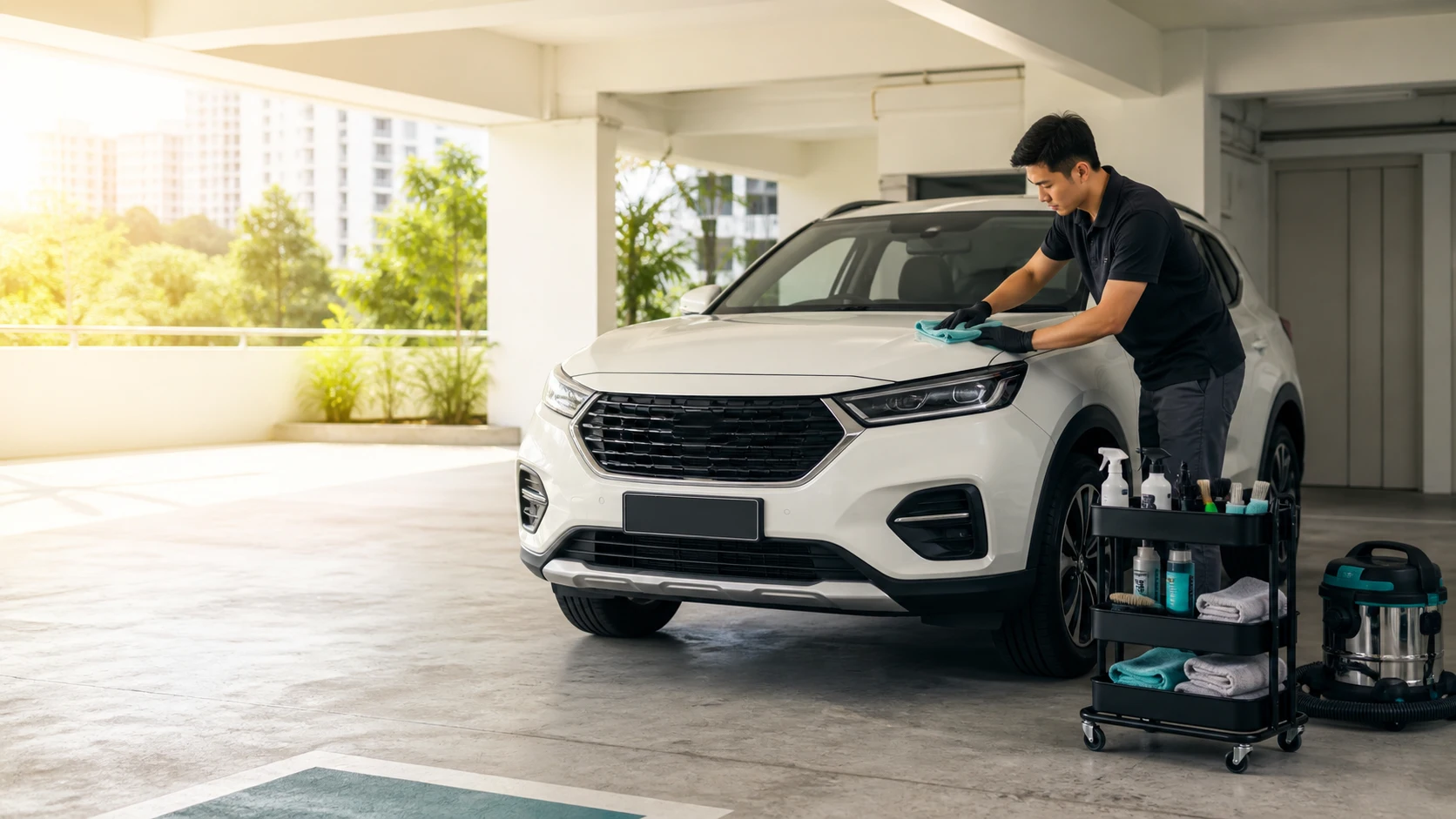 Illustrative mobile detailing of a white SUV at a residential carpark