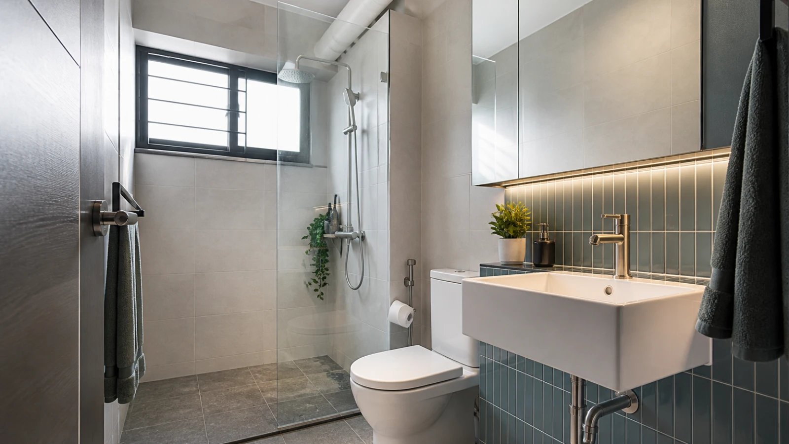 Bathroom inspiration: compact wet area with shower screen, tiled walls and fitted basin