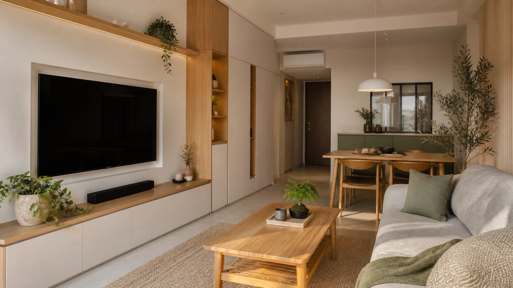 Interior inspiration: a bright living room, open dining area and coordinated timber storage
