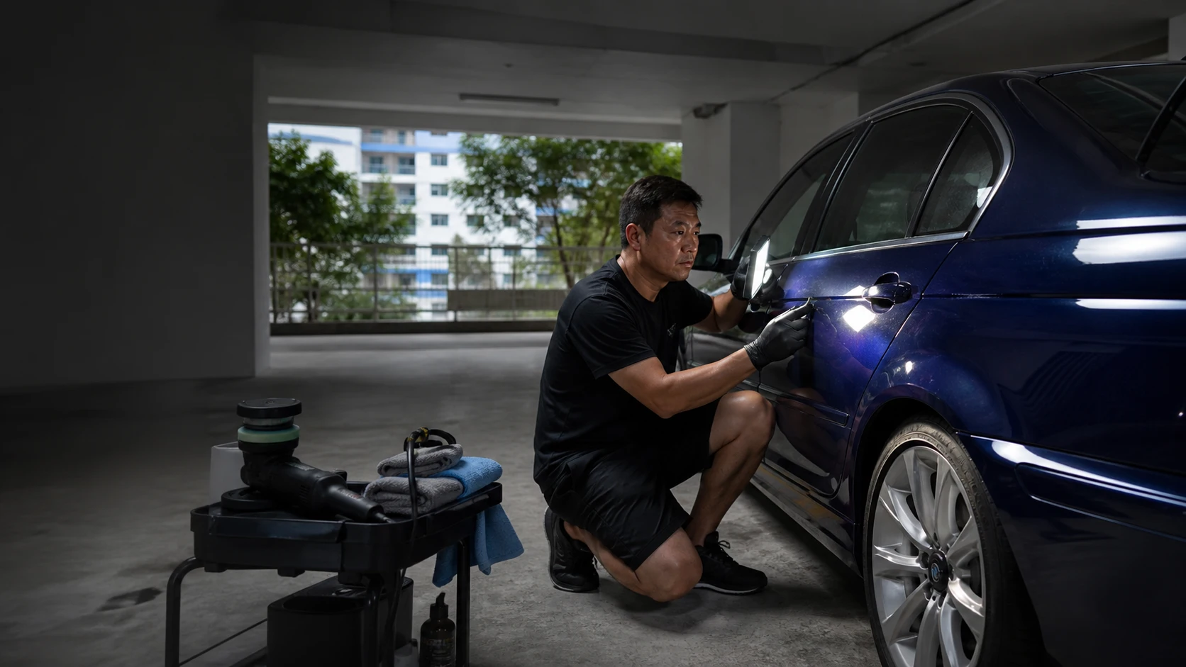 Illustrative inspection of blue vehicle paint in a carpark