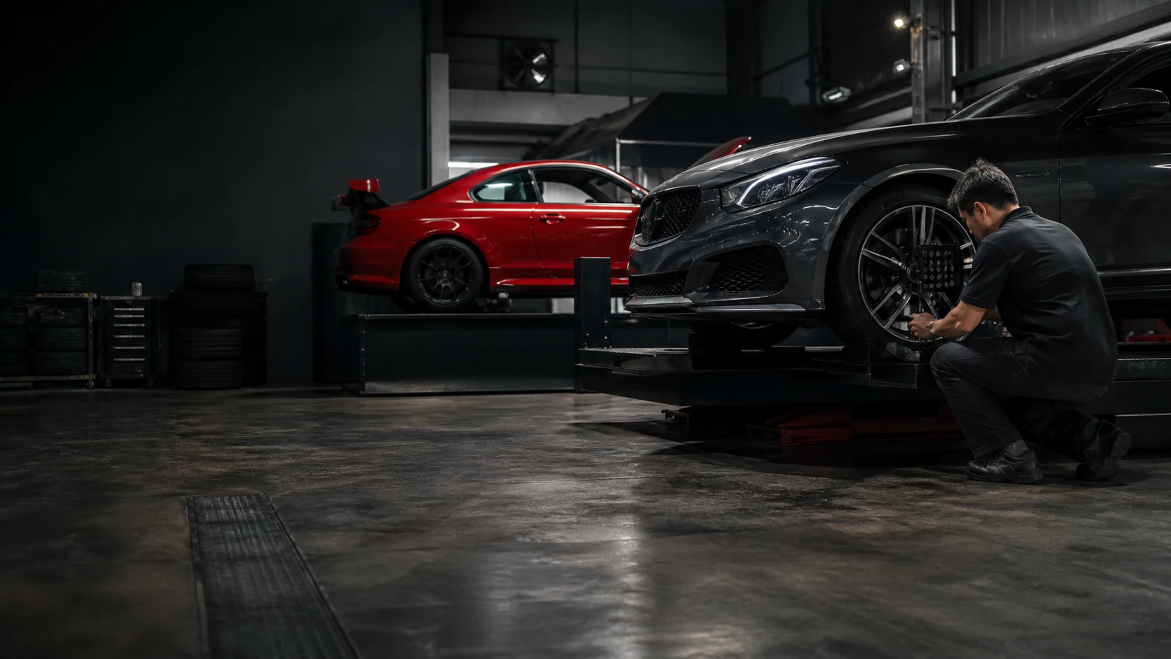 Illustrative tyre and wheel setup work with Japanese and continental cars in a garage