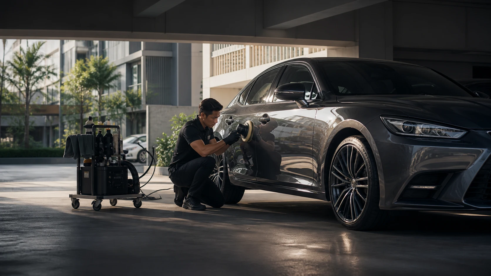 Illustration of mobile polishing in a sheltered residential parking area