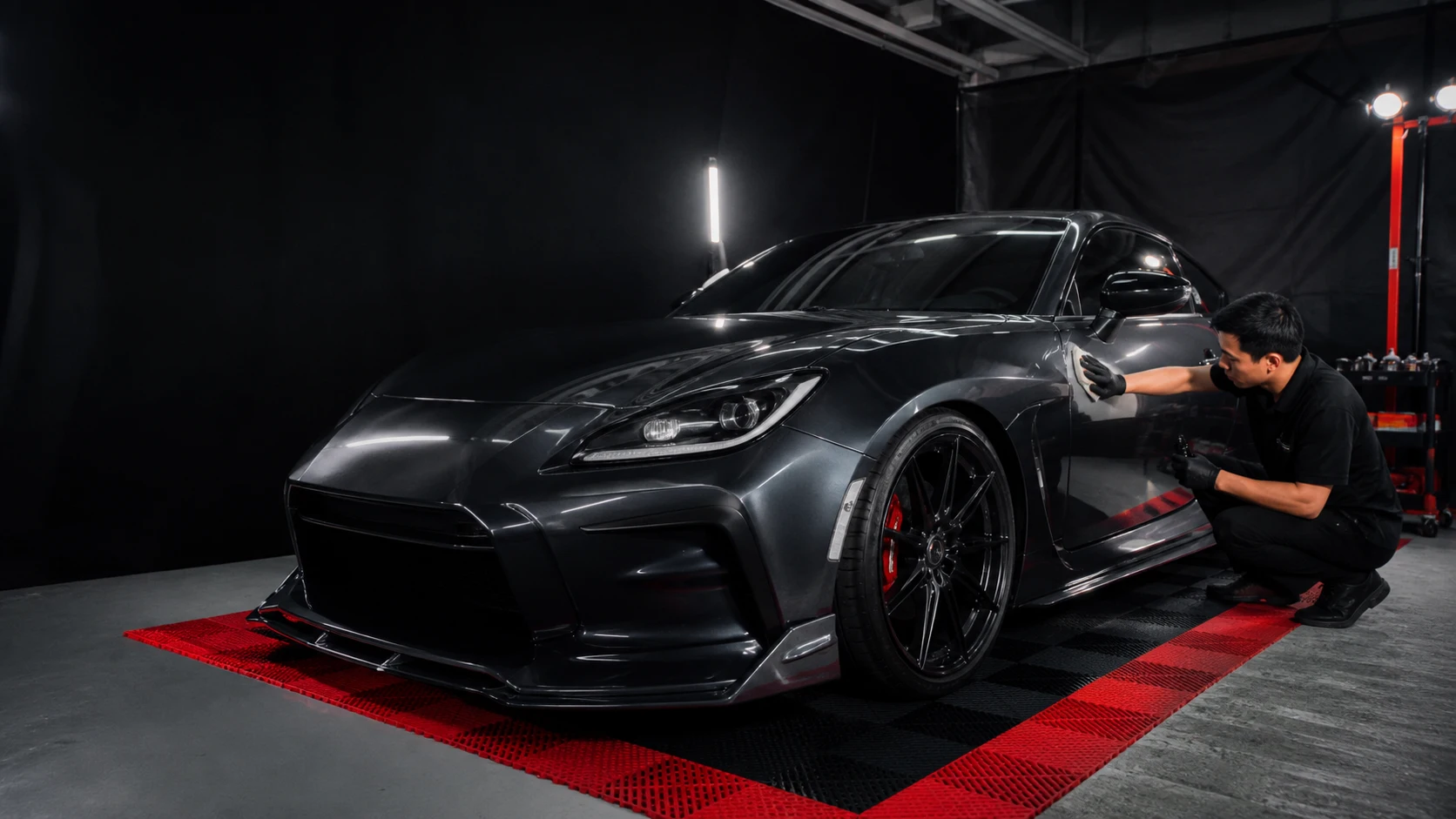 Illustrative care of a dark sports car paint finish