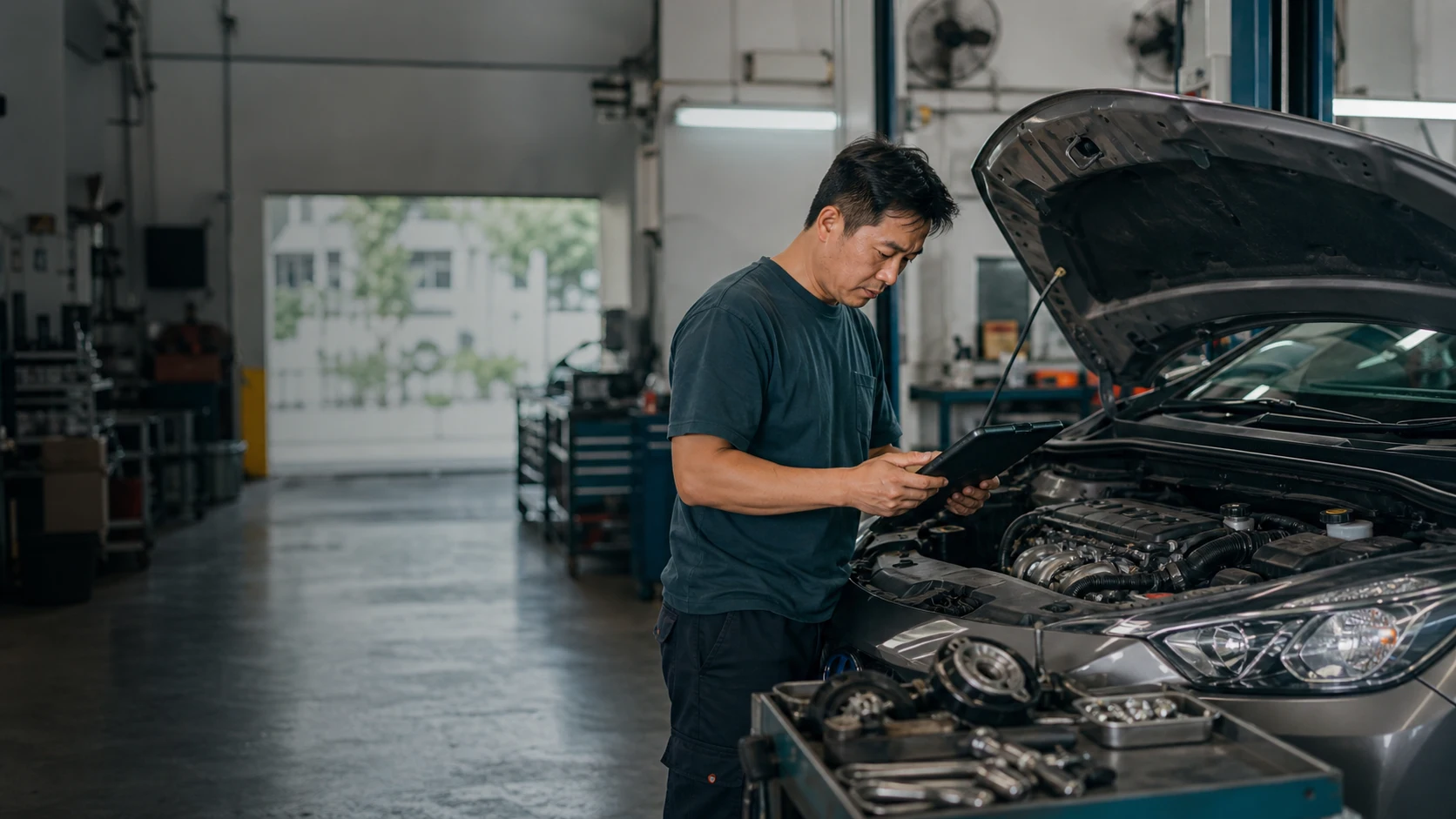 Illustration of a mechanic reviewing a vehicle diagnosis with components laid out for inspection