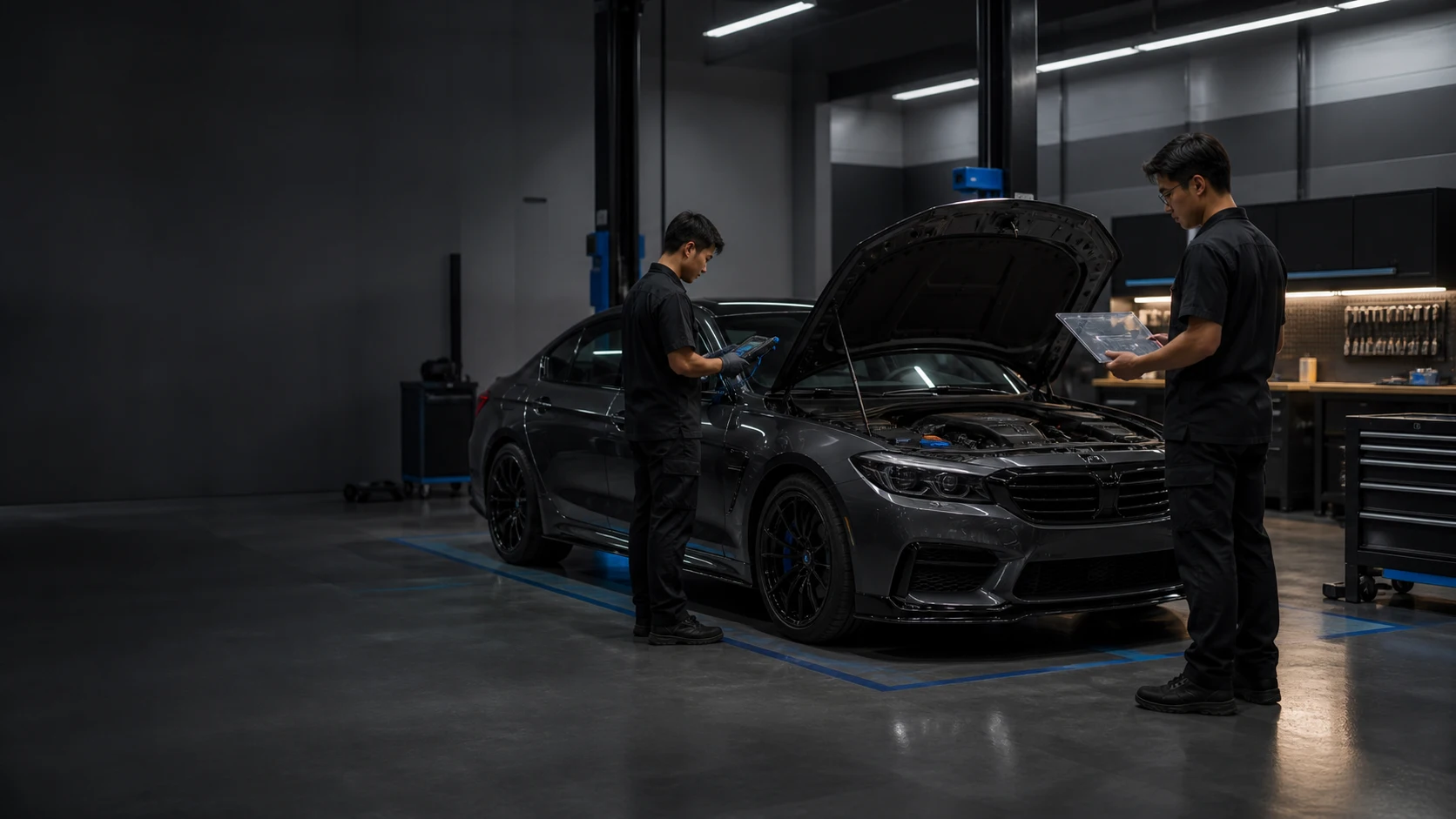 Illustration of technicians inspecting a car before agreeing repair work