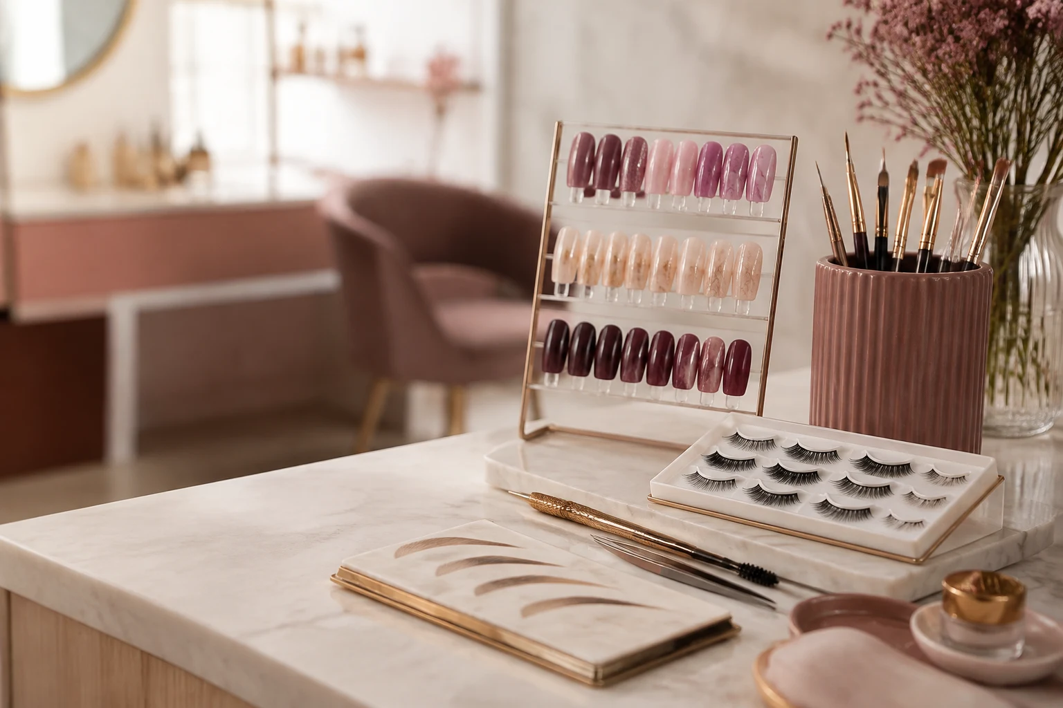 Illustrative nail, lash and brow design references on a worktable