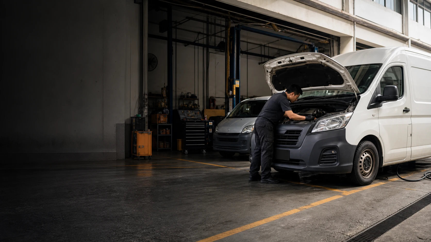 Illustrative scene of a commercial van being repaired in a workshop