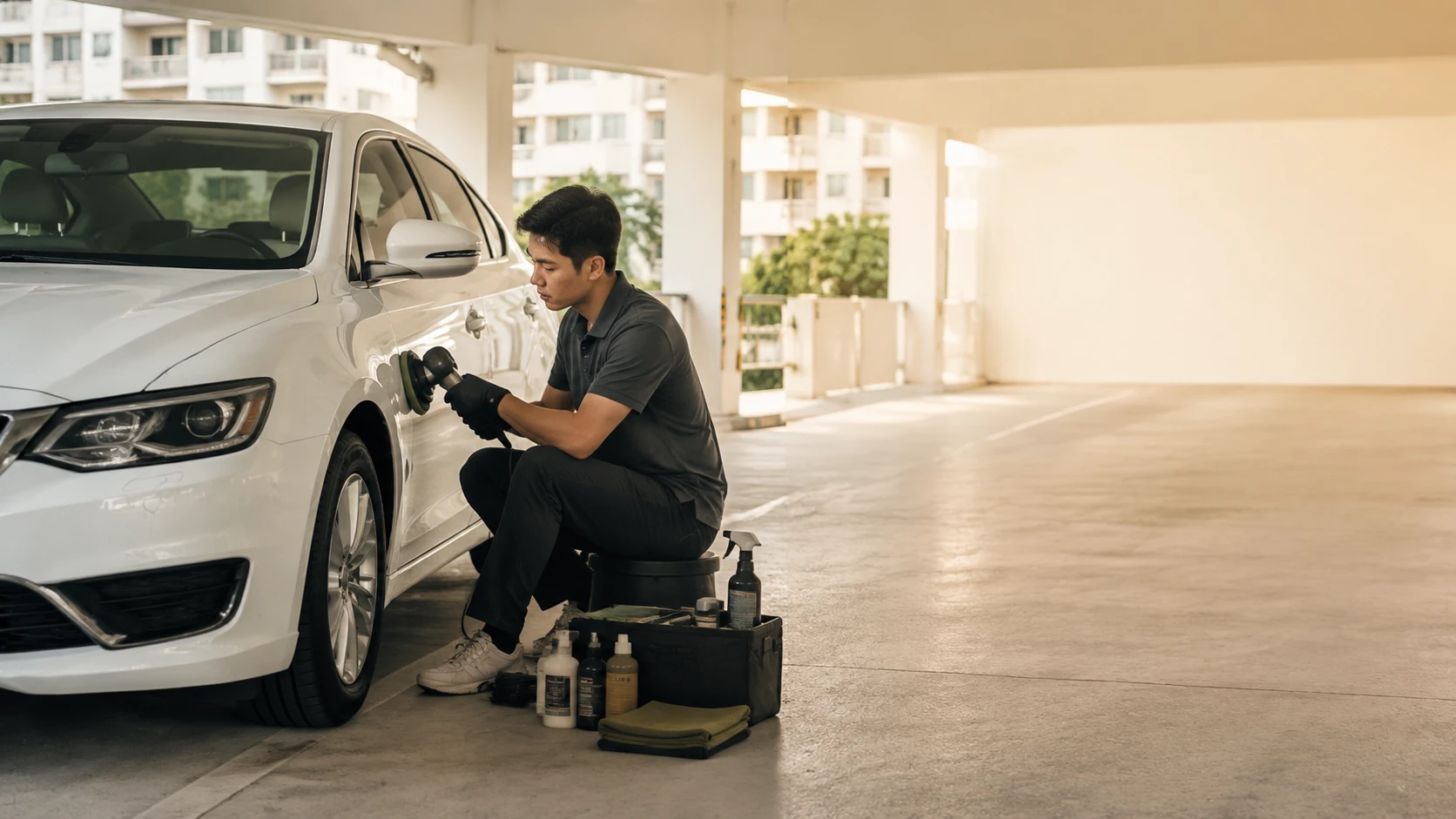 Illustrative mobile polishing of a white car in warm daylight