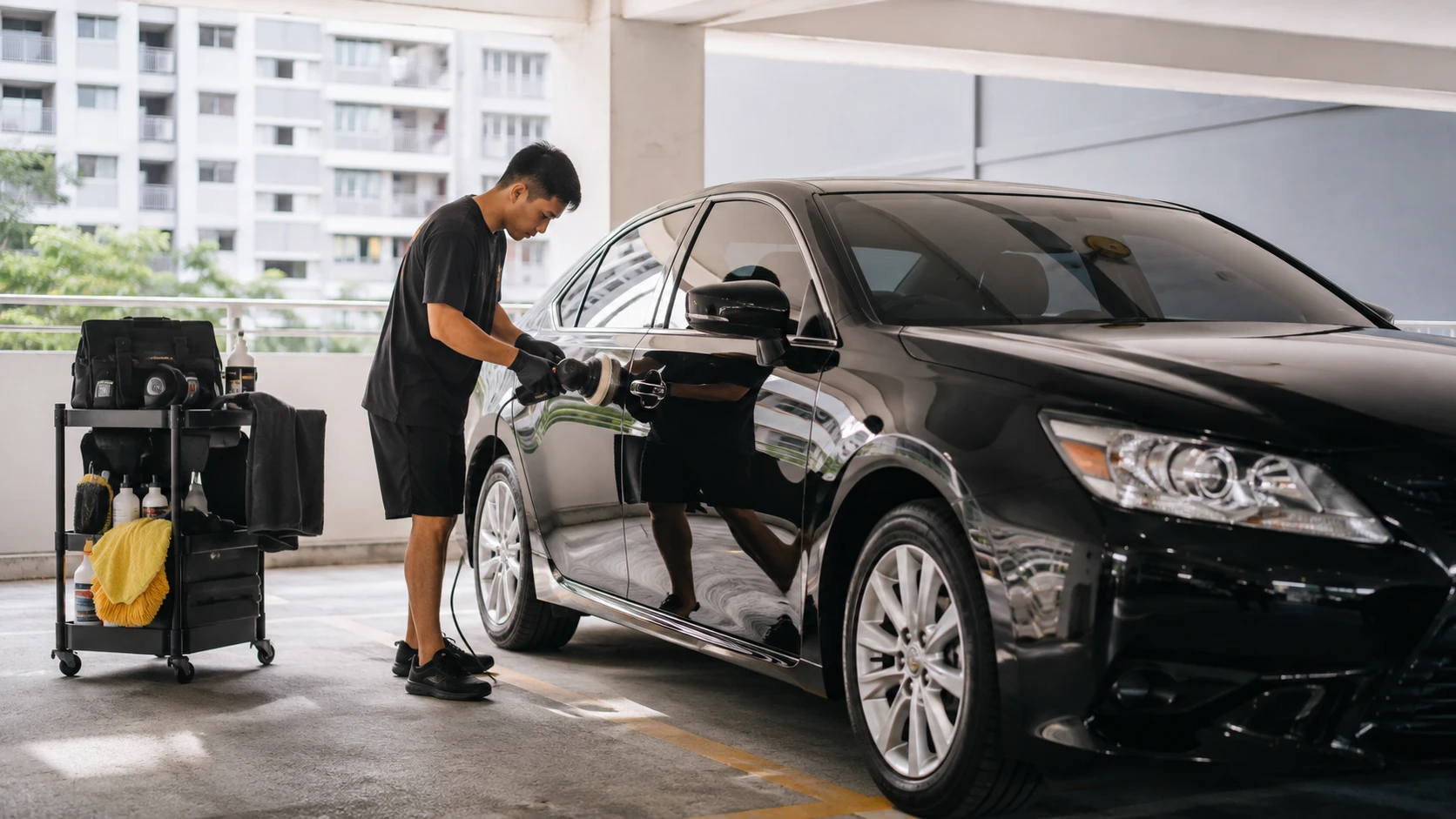 Illustrative vehicle polishing at a residential carpark