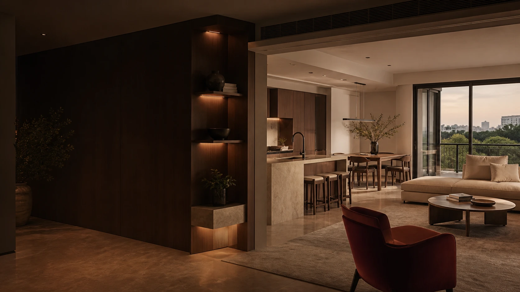 Interior inspiration: a warm evening living space with timber, stone and layered light