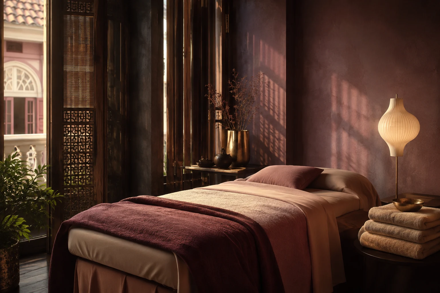 Illustrative calm treatment room with warm lighting