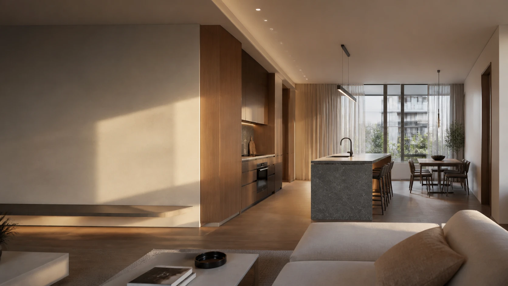 Illustrative open-plan interior with a stone kitchen island, timber joinery and warm natural light