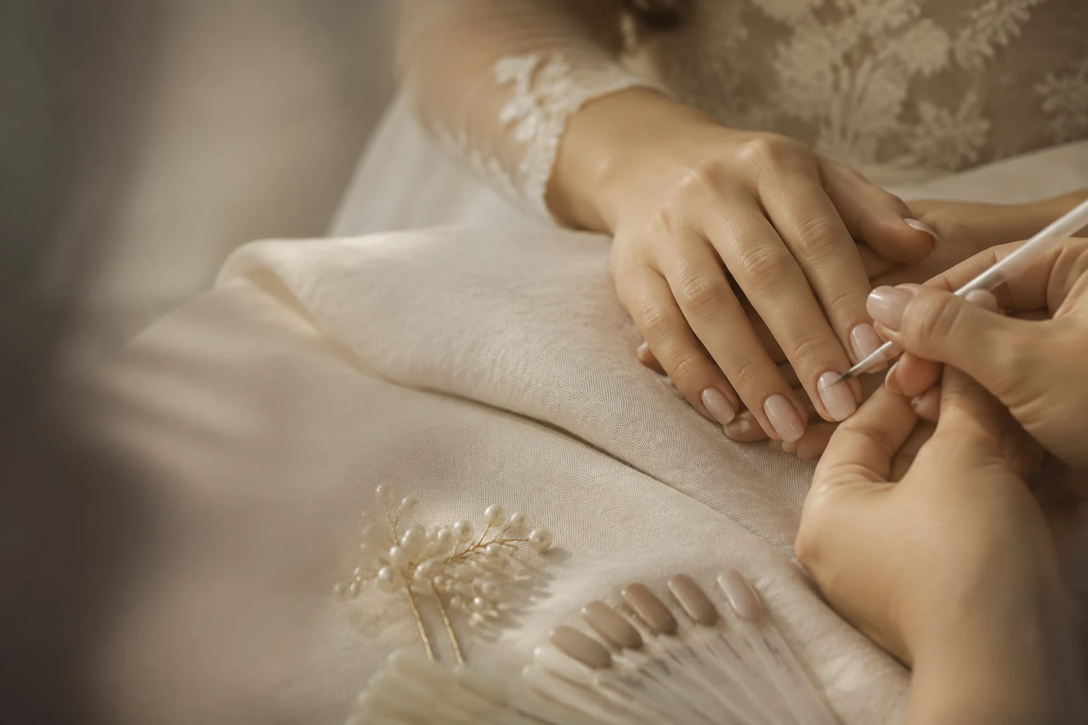 Illustrative delicate bridal manicure with wedding accessories