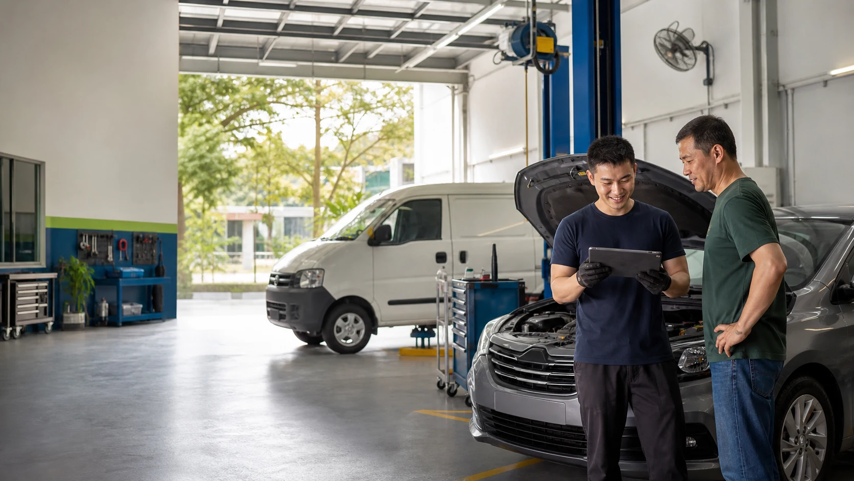 Illustration of a mechanic discussing a car diagnostic result with its owner, with a van nearby