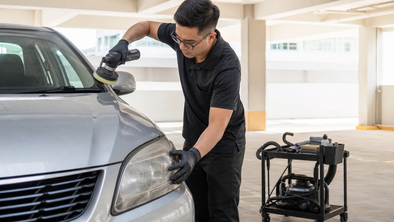 Illustrative restoration work around vehicle headlights and glass