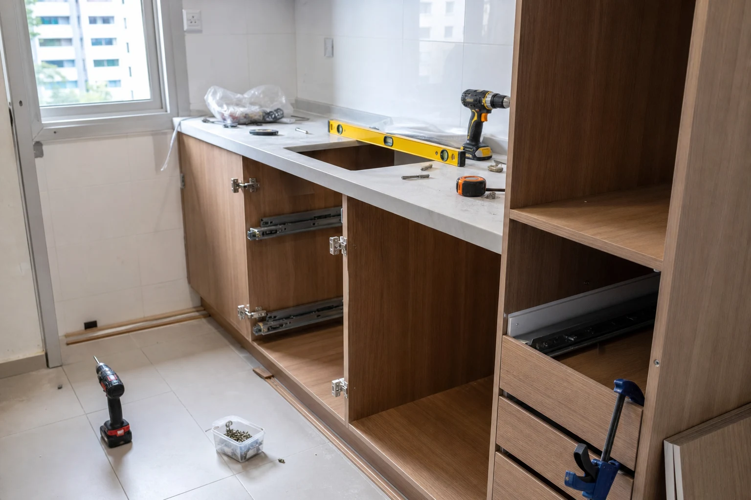 Carpentry illustration showing kitchen cabinetry during installation