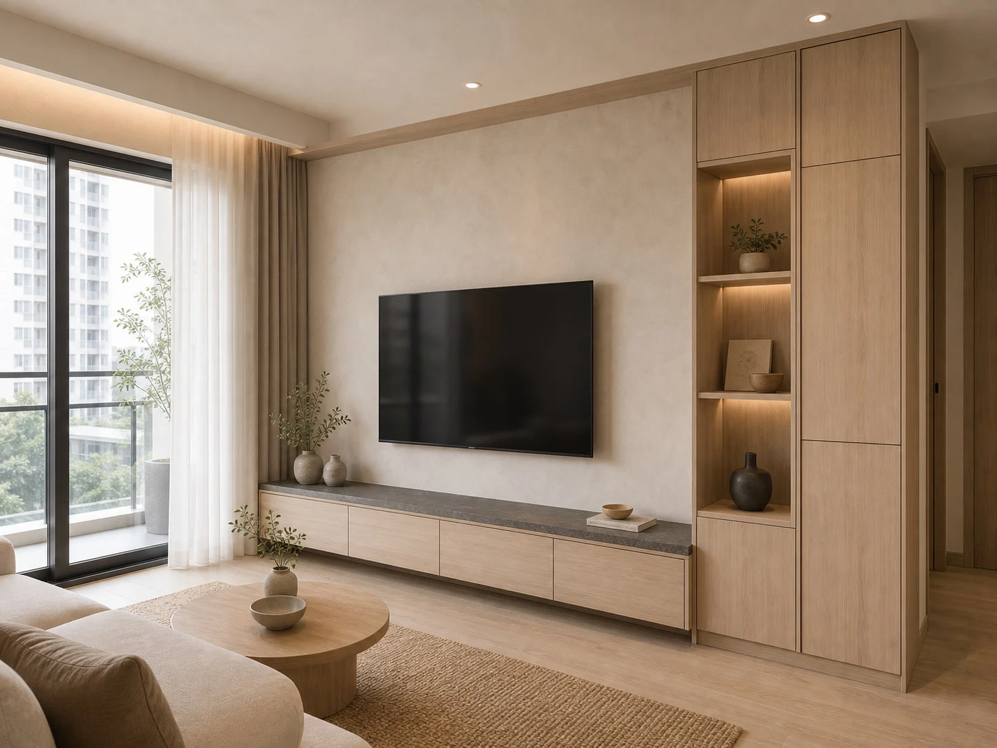 Renovation inspiration: integrated timber storage and a television wall in a living room