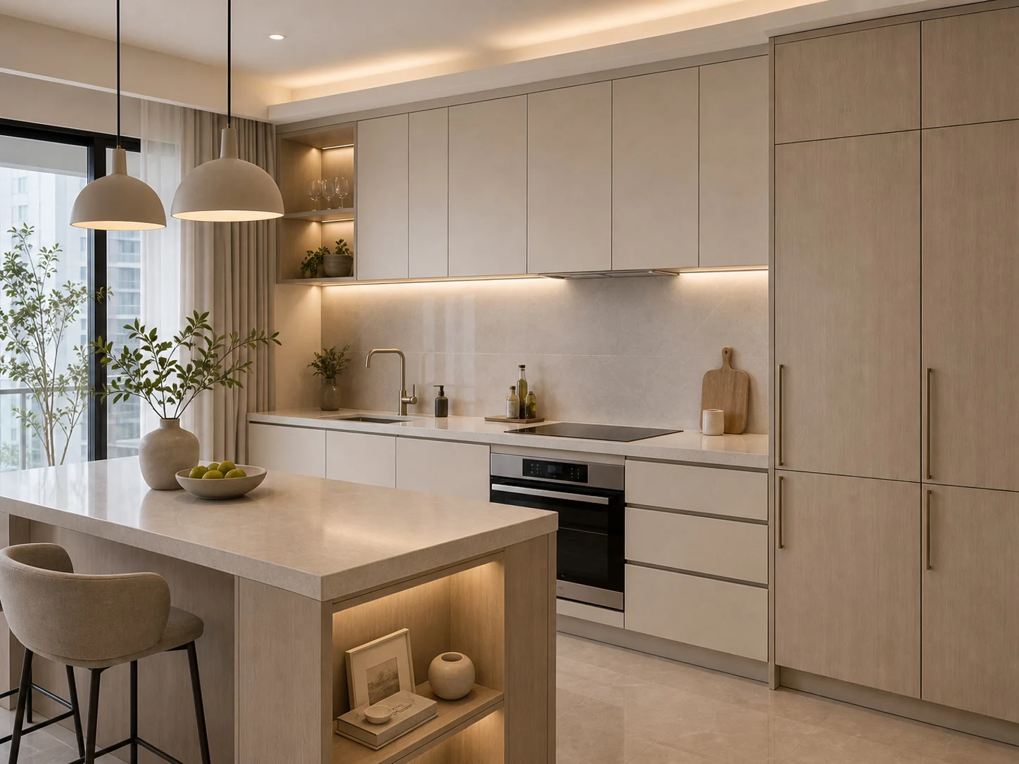 Illustrative kitchen with pale cabinetry, stone worktops and integrated lighting