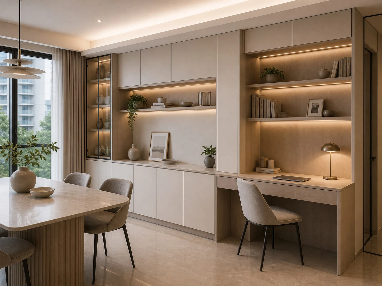 Illustrative study nook integrated into dining-room storage
